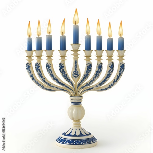 Decorative menorah with blue candles lit for a festive occasion photo