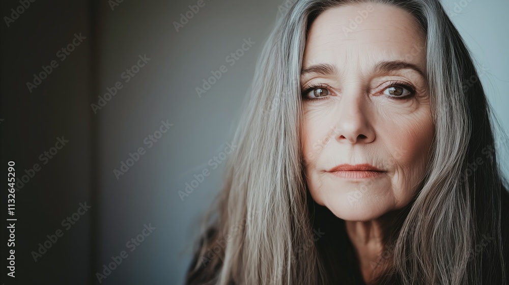 Naklejka premium Woman with long gray hair and a serious expression