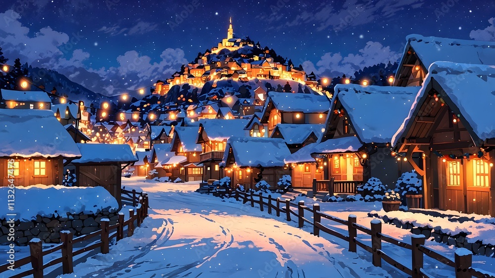 Obraz premium A snowy village celebrating the New Year with festive lights