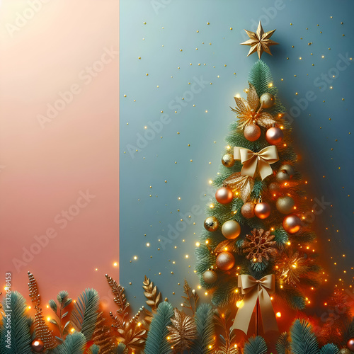 Christmas festival background with spruce elements and fairy ball decorations