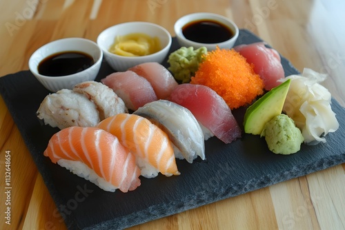 Plakat sushi, nigiri, łosoś, tuńczyk, awokado, świeże, rollsy, ryż, wasabi, sos sojowy, talerz ceramiczny, elegancka prezentacja, apetyczne, azjatycka kuchnia, minimalizm, dekoracja, morskie smaki, japońska 