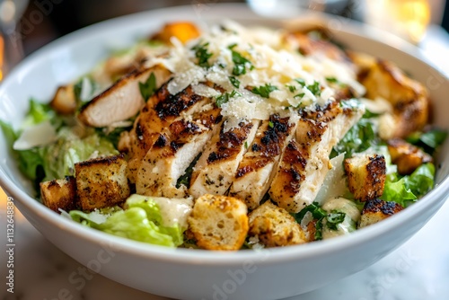 sałatka cezar, sałata rzymska, grzanki, kurczak, parmezan, dressing, świeży, apetyczne, zioła, sałatka, zdrowa, lekka, naturalne światło, talerz ceramiczny, elegancka kompozycja, rzymska sałata, śwież