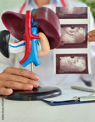 Ultrasound diagnosis of stomach and liver on abdominal cavity of in clinic photo