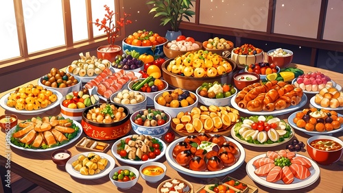 A table full of traditional New Year foods from around the world photo