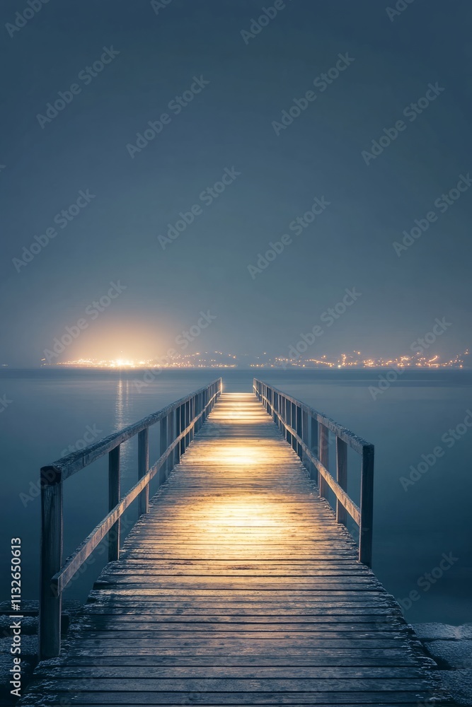 Fototapeta premium Long exposure of an illuminated wooden pier leading to a tranquil body of water under a twilight sky, with the distant glow of city lights, vertical