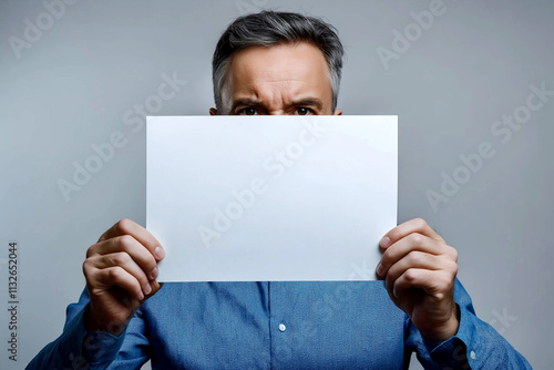 A middle-aged man in a blue shirt holding up an empty white sheet of paper, looking directly at the camera with his face turned towards it, against a plain light background.  photo