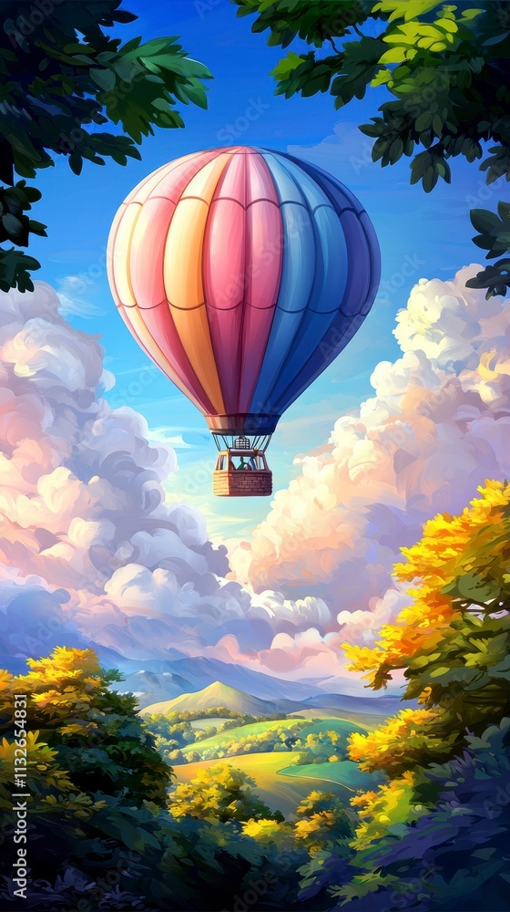 Fototapeta premium Colorful Hot Air Balloon Soaring Over Scenic Landscape