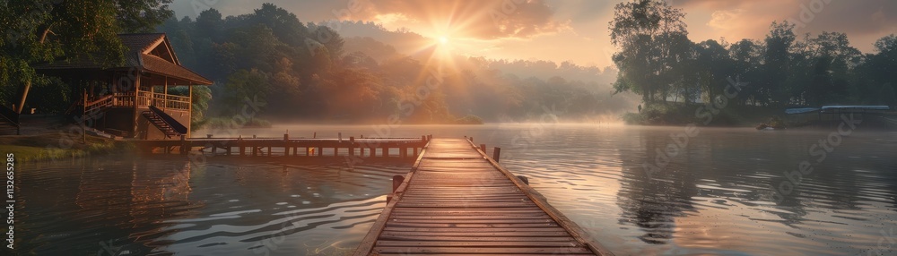 Fototapeta premium Sunrise over tranquil lake with wooden dock and house