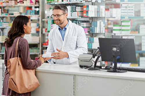 Medication, client and consulting pharmacist by counter for pills side effects, prescription drugs dosage and advice. Mature man, woman and customer service in pharmacy with box for treatment info photo