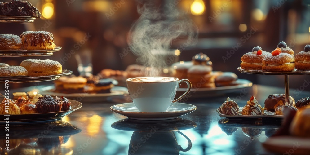 Fototapeta premium A luxurious cafÃ© scene with a ceramic coffee cup, steam rising delicately, surrounded by gourmet pastries and elegant decor