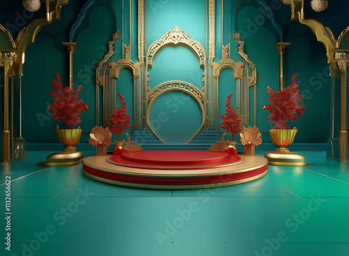 A luxurious, teal and gold display features a red circular podium, ornate arches, and decorative red floral accents in gold urns.  Ideal for showcasing products or celebrating festive occasions. photo