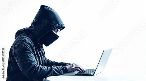 Mysterious Hacker with laptop in a White Background