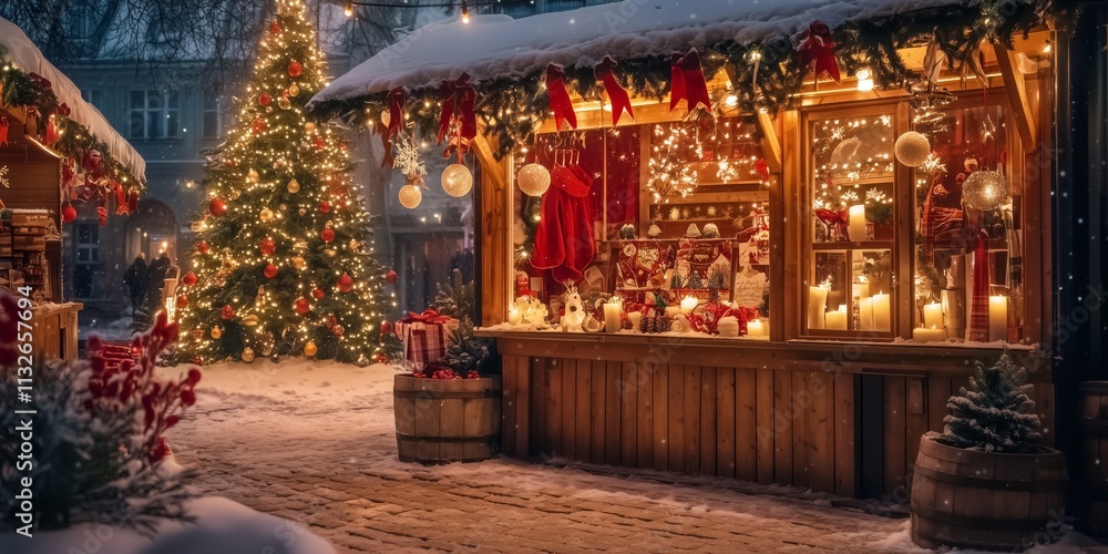 Obraz premium a romantically illuminated stall with arts and crafts at Christmas market in the evening in deep snow