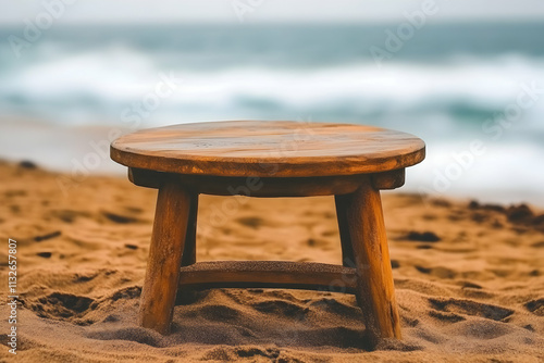 Wooden stool on sandy beach with ocean background. photo