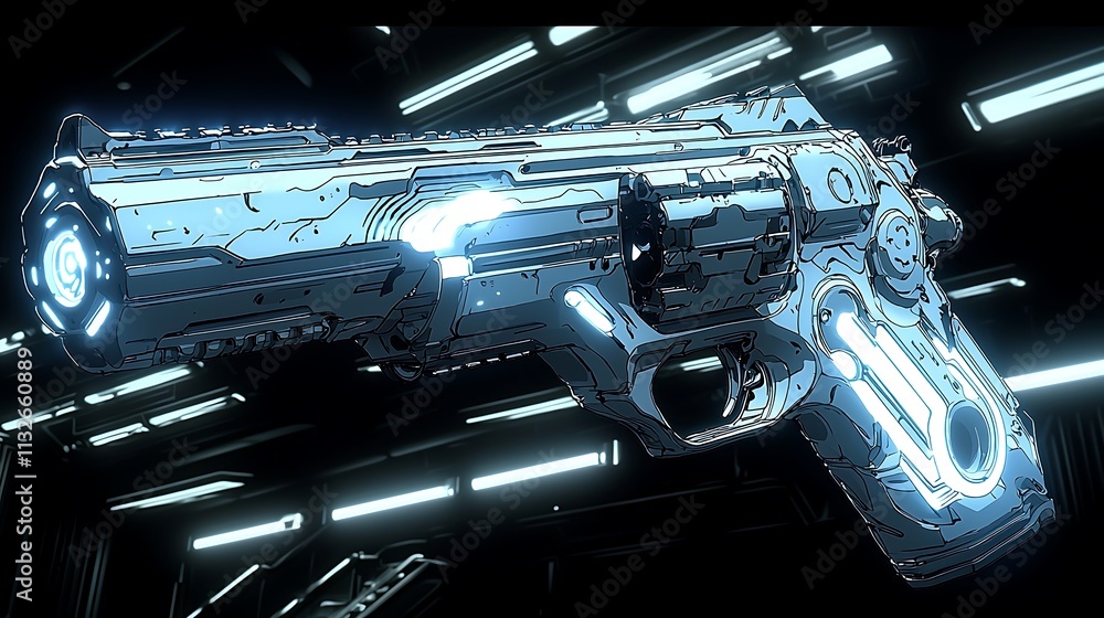 Fototapeta premium Futuristic Sci-Fi Revolver Gun with Glowing Blue Neon Lights in a Dark Tech Setting.