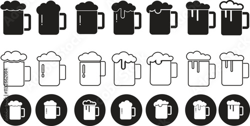 Depiction of frothy beer mug icon set isolated on transparent background. Ideal for pubs, breweries, and beer enthusiasts seeking vintage charm black flat and line vector collection drink glass symbol