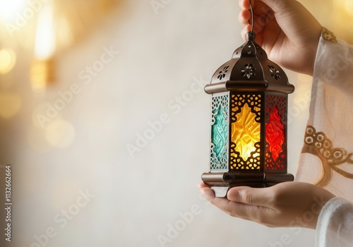 Woman holding colorful lantern celebrating ramadan with bright bokeh lights photo