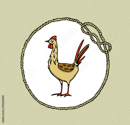 Vector card with hand drawn cute chicken in nautical rope frame. Beautiful ink drawing, heavy contour, graphic style. Perfect elements for food or farming logo design.