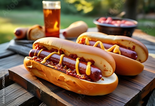 A freshly grilled hot dog nestled in a soft bun, topped with vibrant mustard and ketchup swirls, sitting on a rustic wooden table with a checkered napkin and a side of golden fries. photo