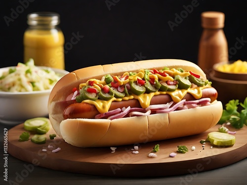 A freshly grilled hot dog nestled in a soft bun, topped with vibrant mustard and ketchup swirls, sitting on a rustic wooden table with a checkered napkin and a side of golden fries. photo