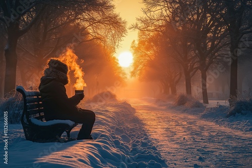 A Person Sitting Alone on a Snowy Bench in the Enchanting Winter Glow at Sunset Peaceful Winter Sunset with Snow and Warm Bokeh