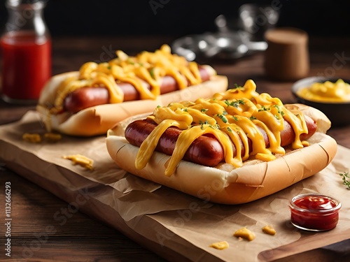 A freshly grilled hot dog nestled in a soft bun, topped with vibrant mustard and ketchup swirls, sitting on a rustic wooden table with a checkered napkin and a side of golden fries. photo