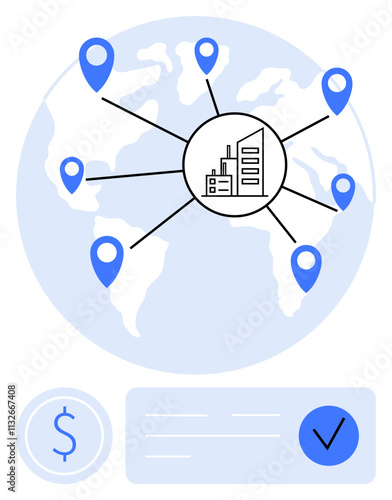 Map of the world with a central business hub connecting to multiple pinned locations. Ideal for global business, logistics, supply chain, international trade, network expansion, outsourcing. Line