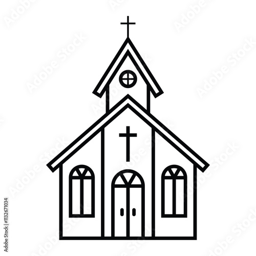 Church vector icon. Christian church building with cross, chapel and religious symbol. Cathedral, place of worship illustration. Black outline clipart isolated on white background.