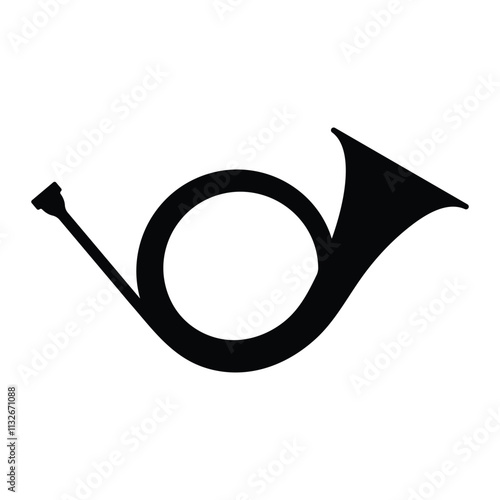 Postal round horn vector icon. French hunting horn, mail signal, and musical instrument symbol. Black silhouette isolated on white background.