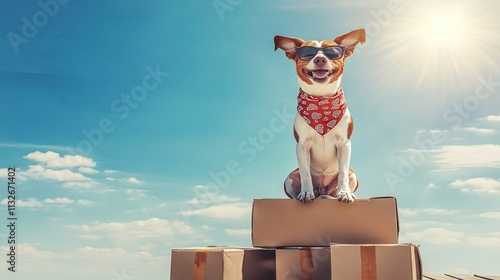 A cheerful dog wearing a bandana sitting proudly on a pile of sealed moving boxes