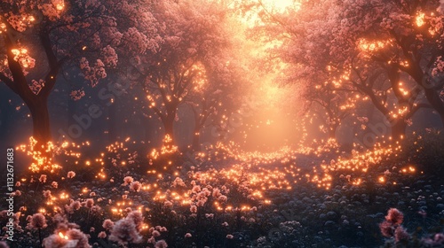 Golden Glow Among Pink Blossoms in a Mystic Forest - made with Generative AI photo