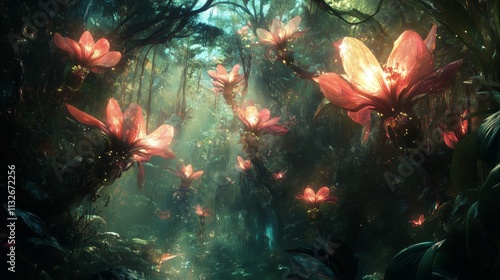 Enchanted Blooming Forest with Luminescent Flowers - made with Generative AI photo