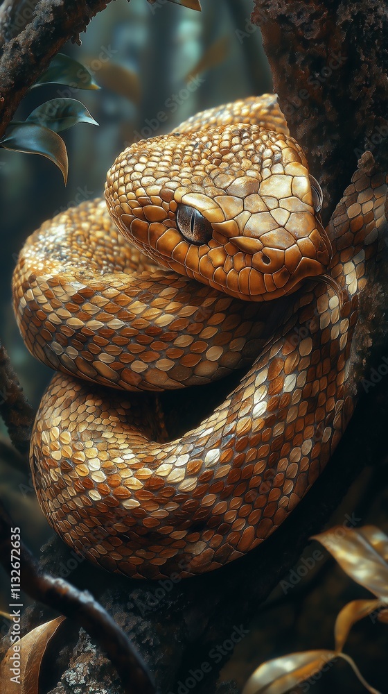 Naklejka premium A snake with shimmering brown scales intricately coiling around tree branches, surrounded by leaves