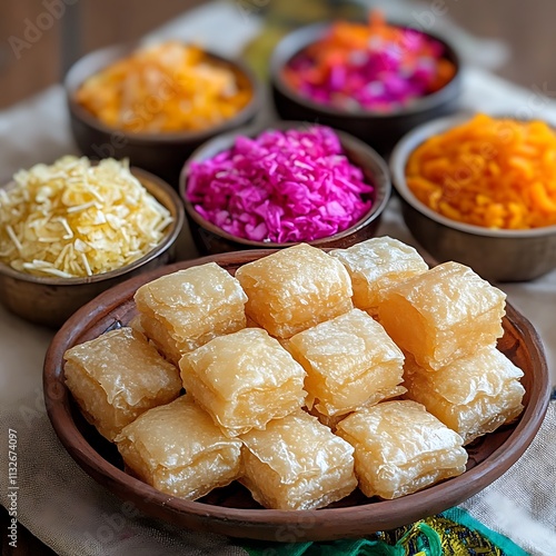 Close-up of Traditional Indian Sweet Patisa in a Clay Bowl with Assorted Colorful Sweets in the Background. photo