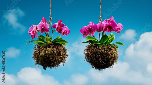 Hanging orchids in floating moss balls against bright blue sky create serene and vibrant atmosphere. These beautiful plants thrive in unique arrangements, showcasing nature elegance photo