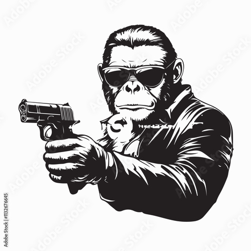 Stylish Monkey in Glasses and Suit Holding a Pistol in Bold Action Pose image vector
