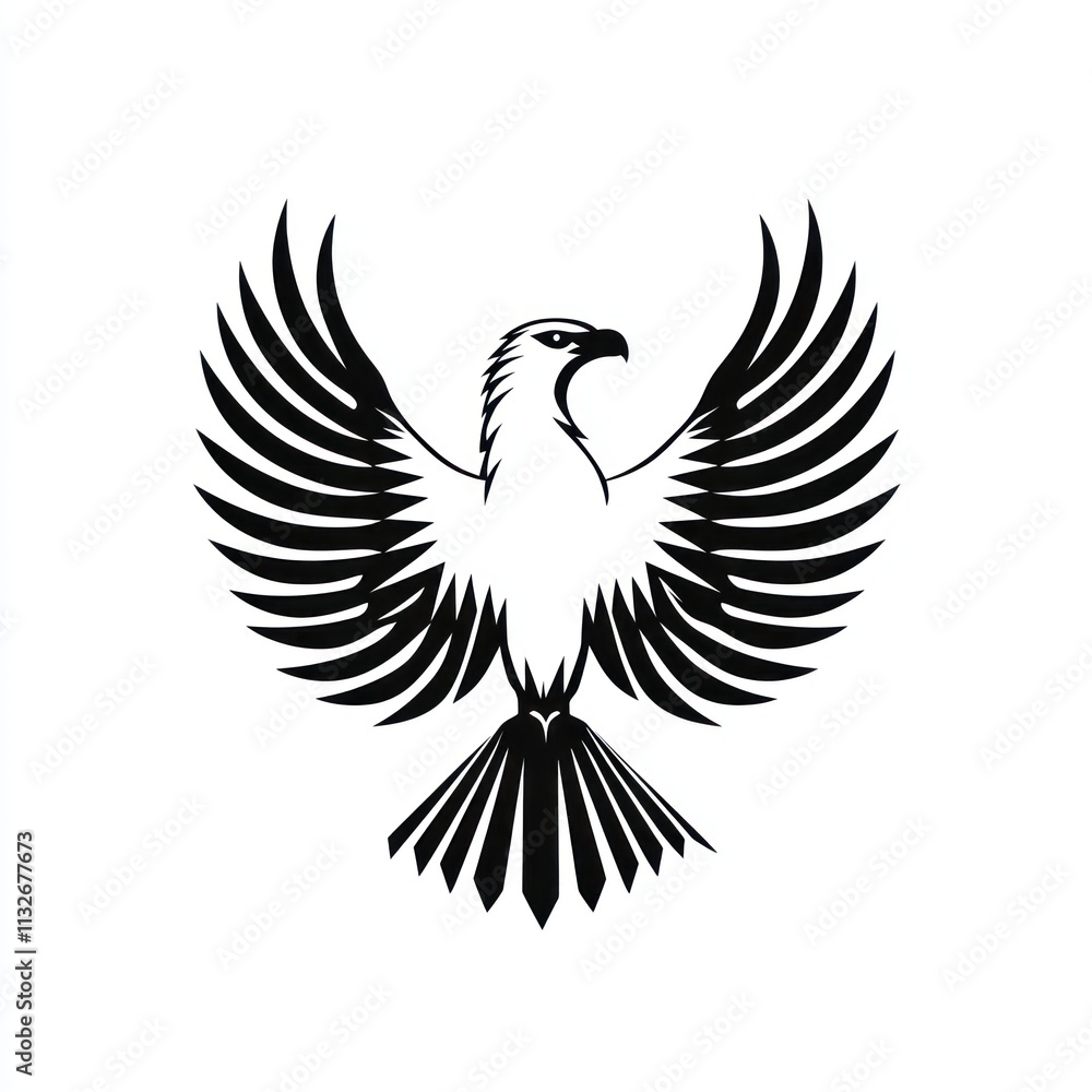 Obraz premium Black and white stylized eagle with wings spread.