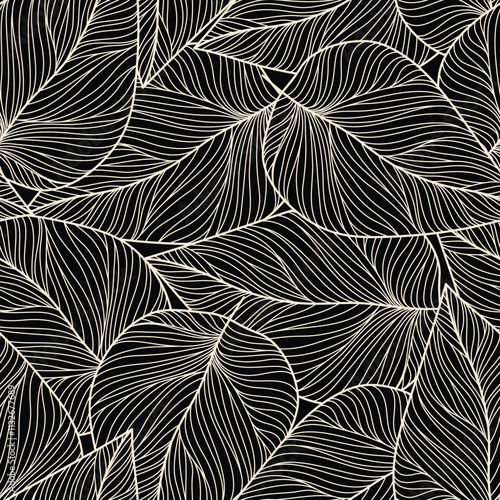 seamless abstract black and grey pattern with leaves.Hand made vector floral background