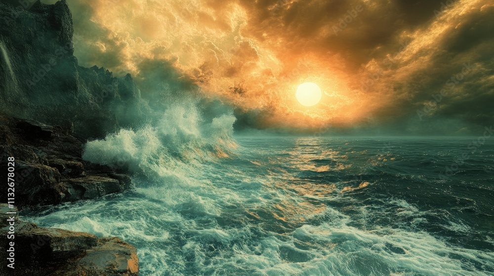 Fototapeta premium Dramatic Ocean Sunset: Waves Crashing Against Rocky Coastline