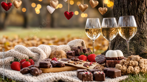 Romantic valentine's day picnic with wine, chocolates, and hanging hearts