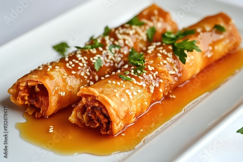 Moroccan briouats filled with sweet or savory fillings, arranged on a clean white plate, drizzled with honey and garnished with sesame seeds. photo