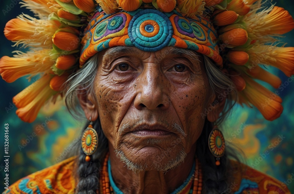 Fototapeta premium A close up portrait of an old man wearing rainbow colorful feather crown against a vibrant psychedelic trippy background. Shaman spiritual guru illustration concept. 