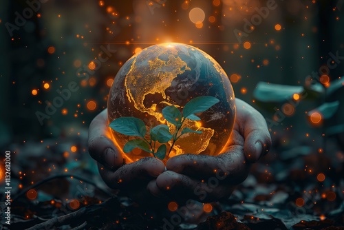 Hands Holding Technologic Orange Glowing Globle - Nurturing Planet's Sustainable Future photo