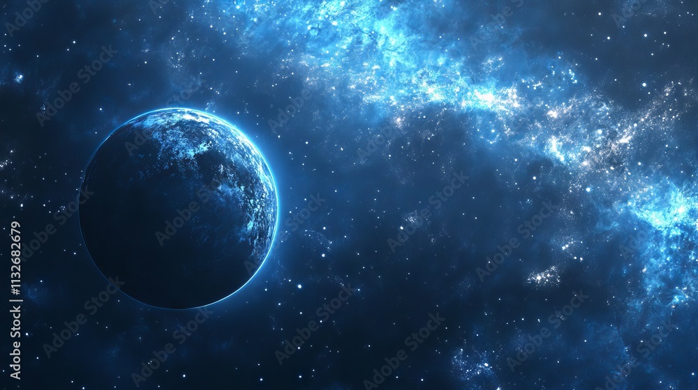Fototapeta premium Abstract blue space background with deep cosmic hues, stars, and nebula, creating a serene and vast universe atmosphere