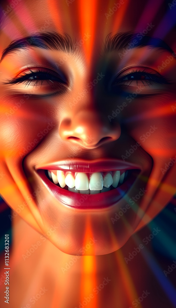 Fototapeta premium A radiant smile on a person's face, emanating genuine warmth and kindness, embodying the inner beauty of the human spirit. Concept of inner radiance., hyperrealism, with white tones