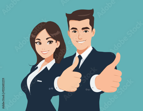 Successful business people. Vector cartoon flat illustration of young smiling man and woman in business suits with thumbs up. Isolated on the background.