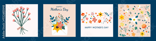 Set of Mother's Day cards. Floral cards with congratulations for mom. Hand drawn flowers and leaves.