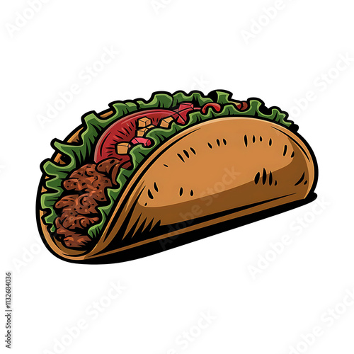 Tasty taco with meat and vegetable. Traditional Mexican fast-food. Vector illustration.
