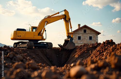 Excavator at a construction site with a house in the background, digging a hole under a cloudy sky, with a pile of dirt in the foreground photo