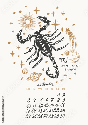 November month calendar with hand drawn scorpio zodiac signs illustration, planets, sun, moon, stars.